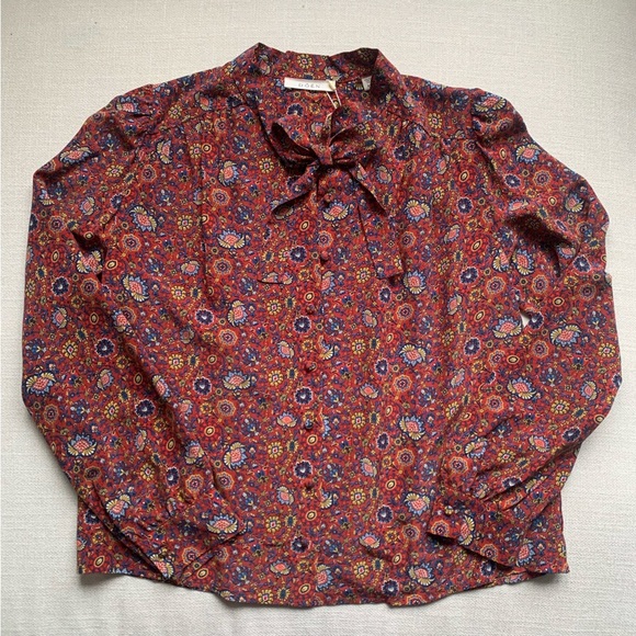 NWT Doen Josseline Silk Button Tie Neck Blouse Top Red Rouge Riviera Medallian - Picture 3 of 11